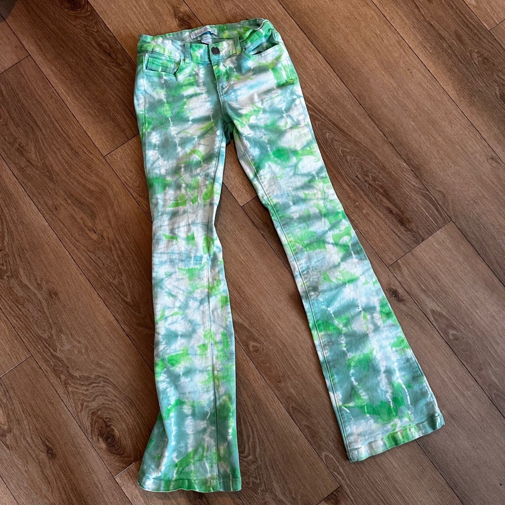 Ranch Dressin Womens Tie Dye Flare Jeans Green White 4 Bootcut Boho Festival